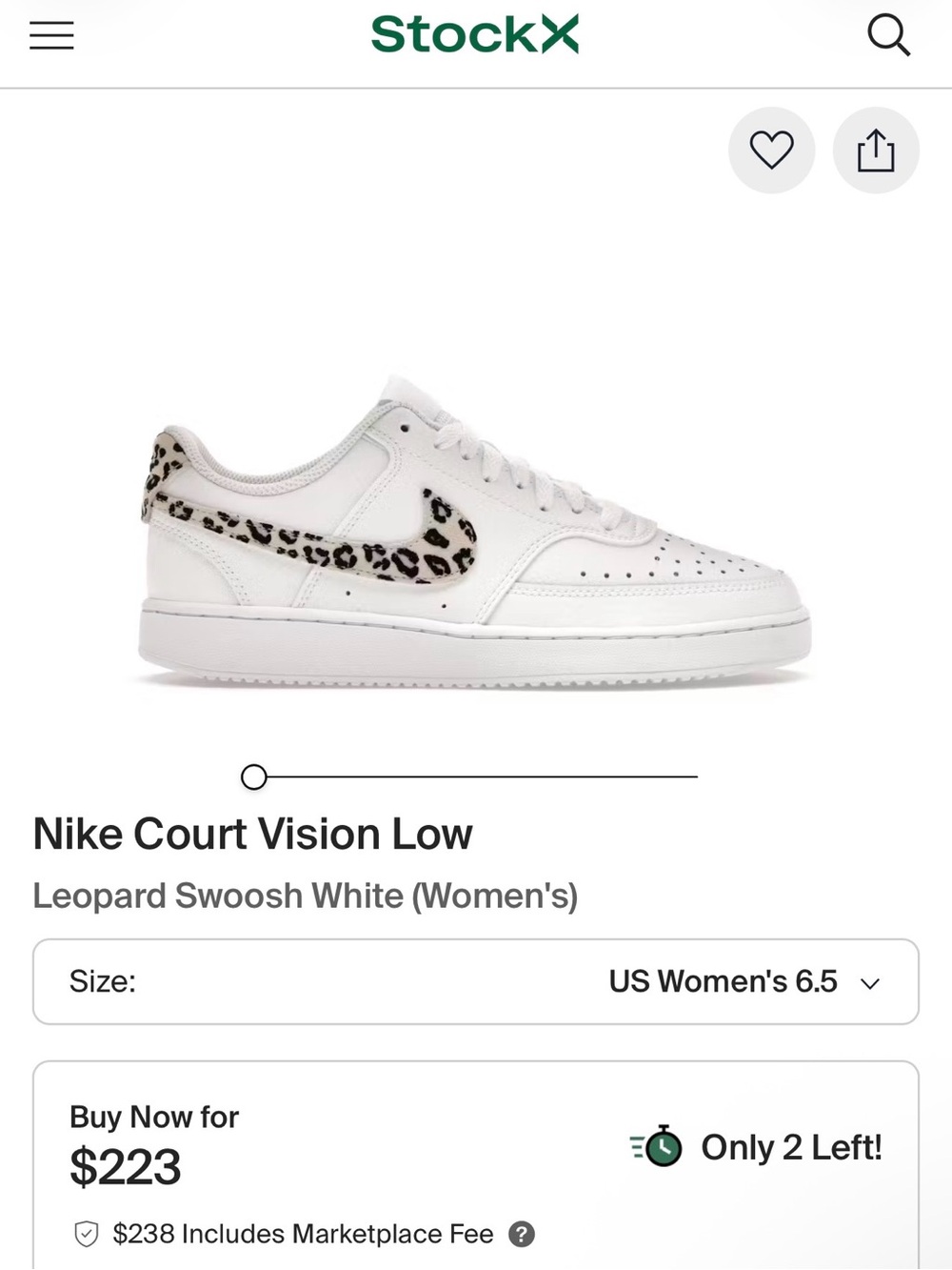 Nike Women's Court Vision Low White with Leopard Swoosh